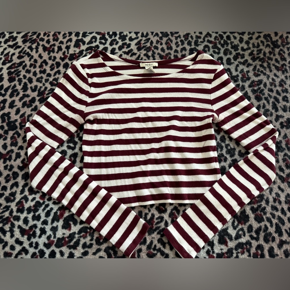 Forever21 Burgundy and White Striped Long Sleeve Crop Top